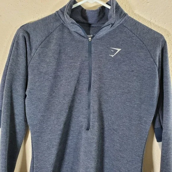 Gymshark Quarter Zip Pullover Athletic Jacket Womens  M Blue Gray Thumb Holes - Picture 3 of 12